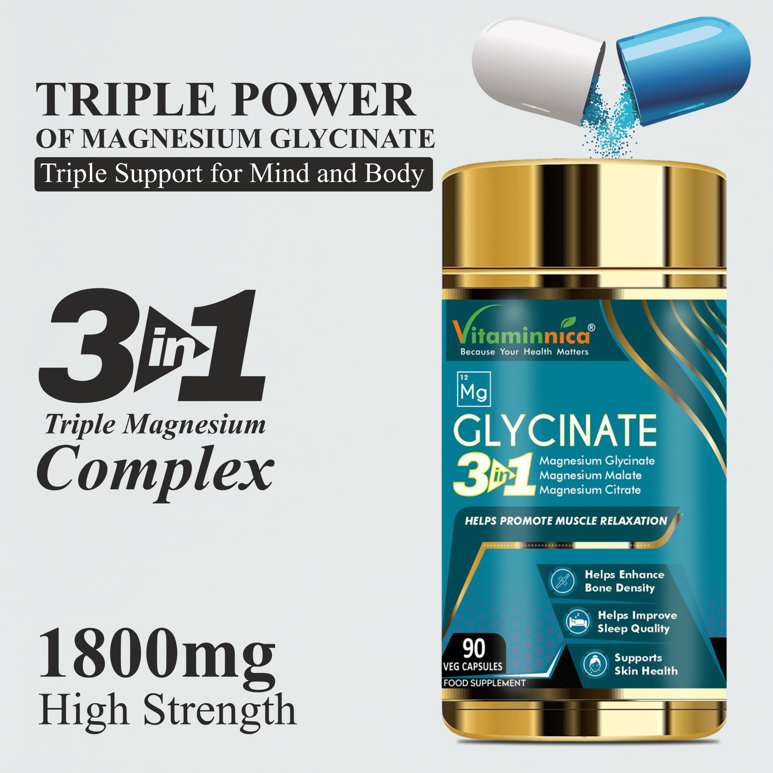 Vitaminnica Magnesium Glycinate 3 in 1- 90 Capsules - Image 2